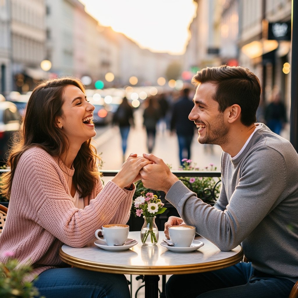 Couple s'amusant lors d'un rendez-vous romantique, démontrant une connexion authentique et joyeuse
